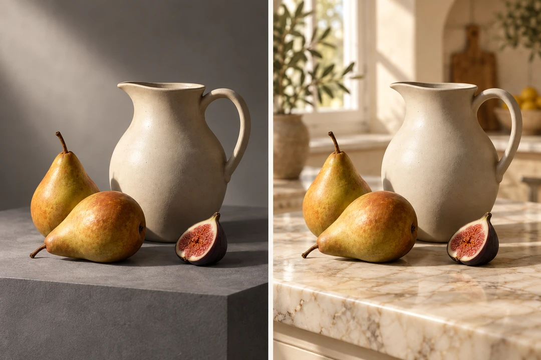 The same product placed in two generated scenes.