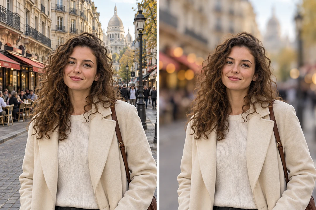 Portrait with a sharp background compared with soft background blur.