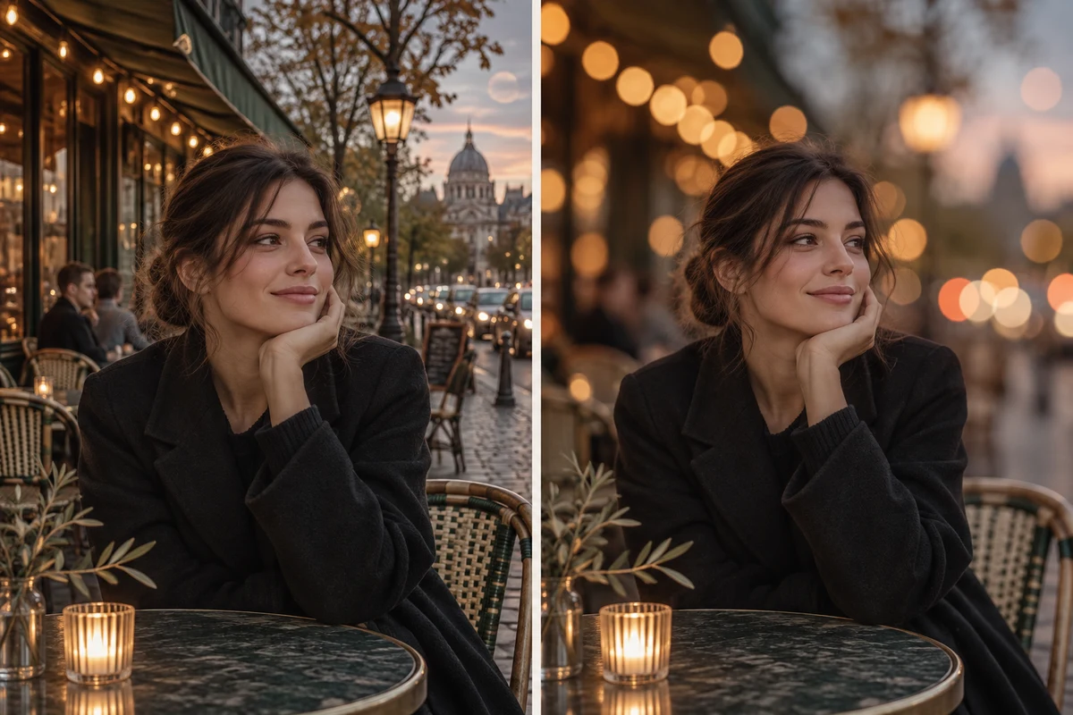 Evening portrait with distant lights softened into optical bokeh.