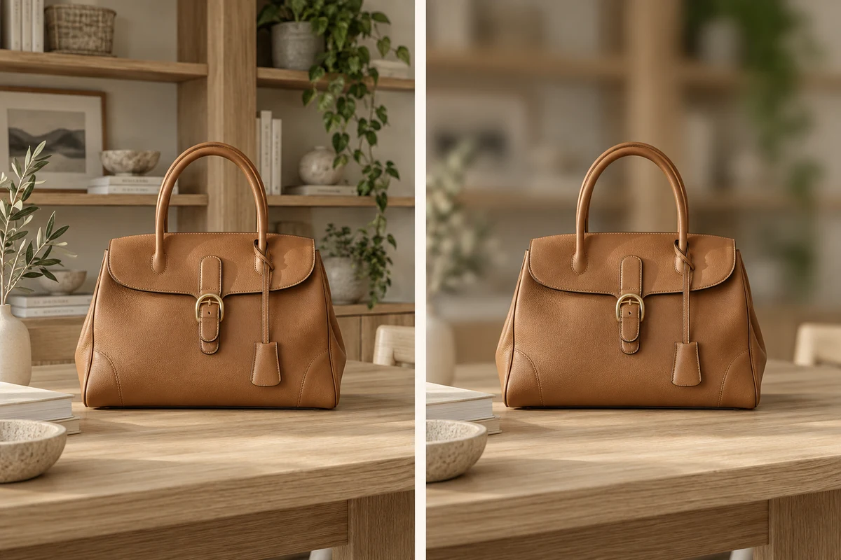 Leather handbag with a sharp product and softly blurred interior.