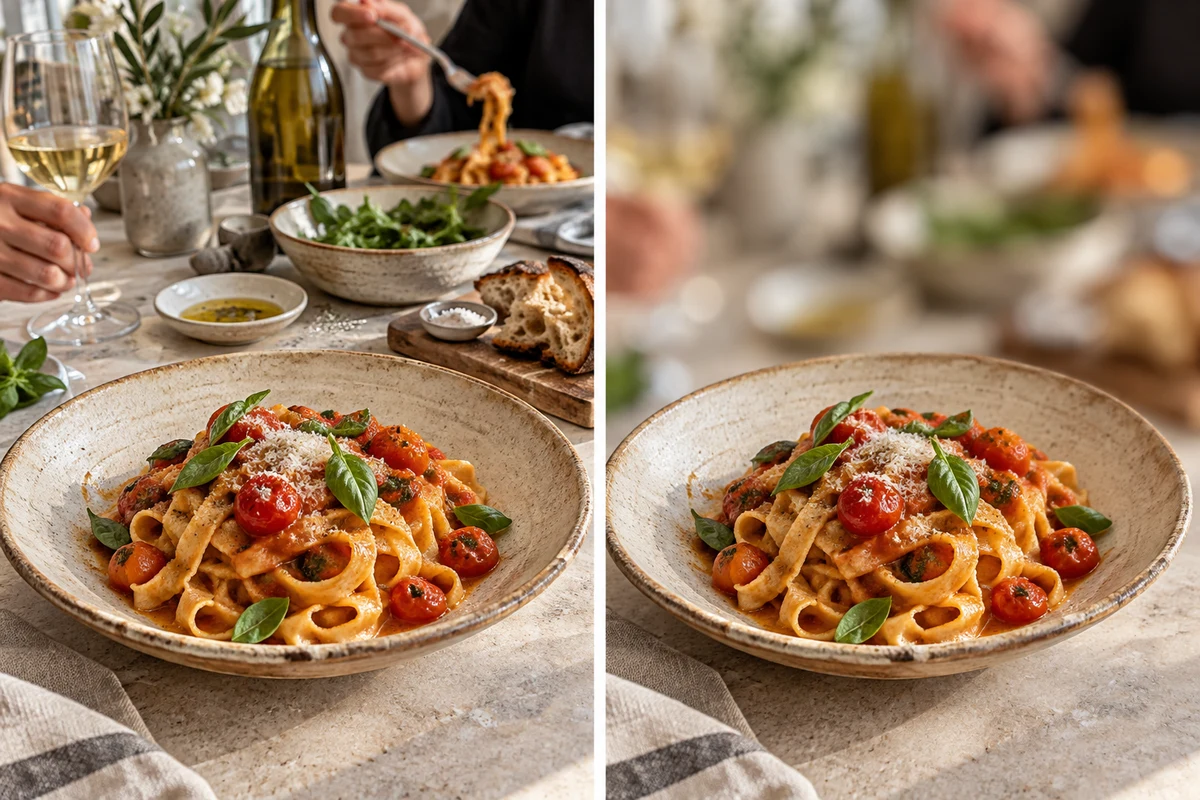 Pasta dish before and after blurring the surrounding cafe table.