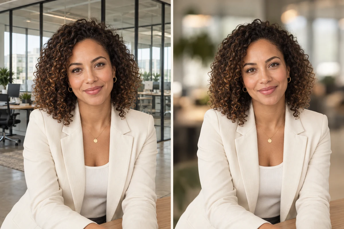 Professional headshot before and after softening the office background.