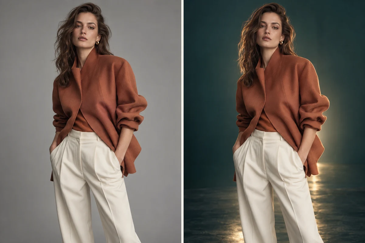 Fashion model in a neutral studio and a dramatic teal campaign set.