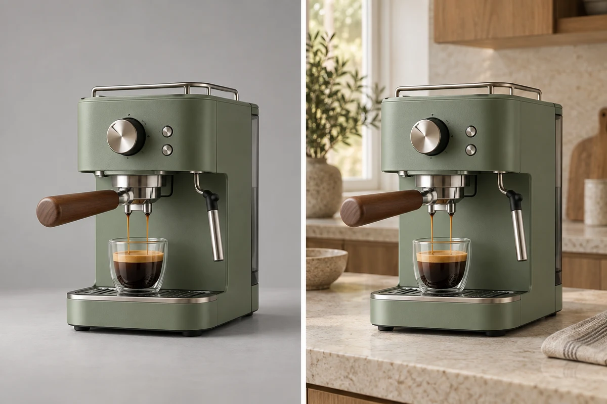 Espresso machine in a studio and a styled kitchen.