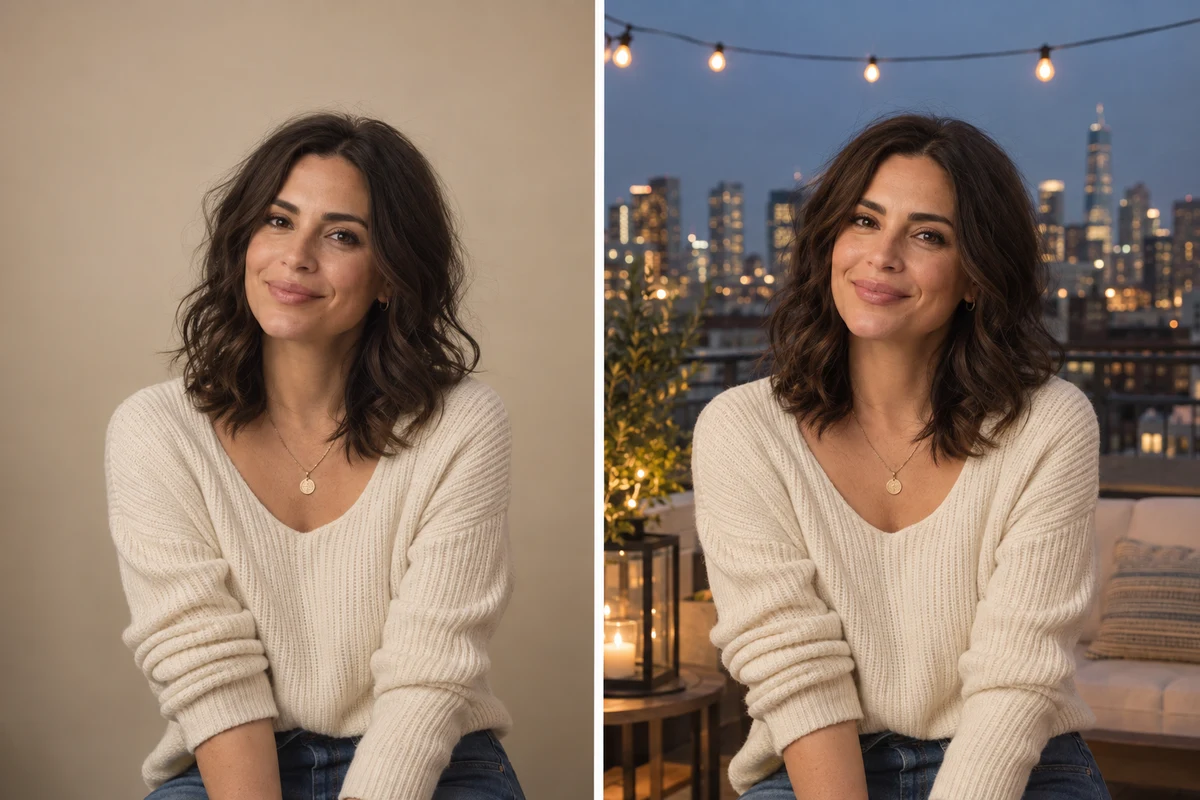Creator portrait in a studio and on a rooftop at blue hour.
