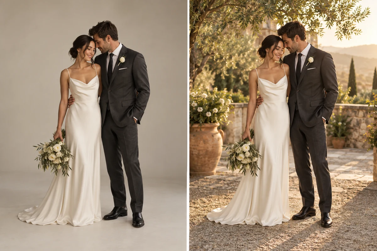 The same wedding couple in a studio and a golden-hour garden.