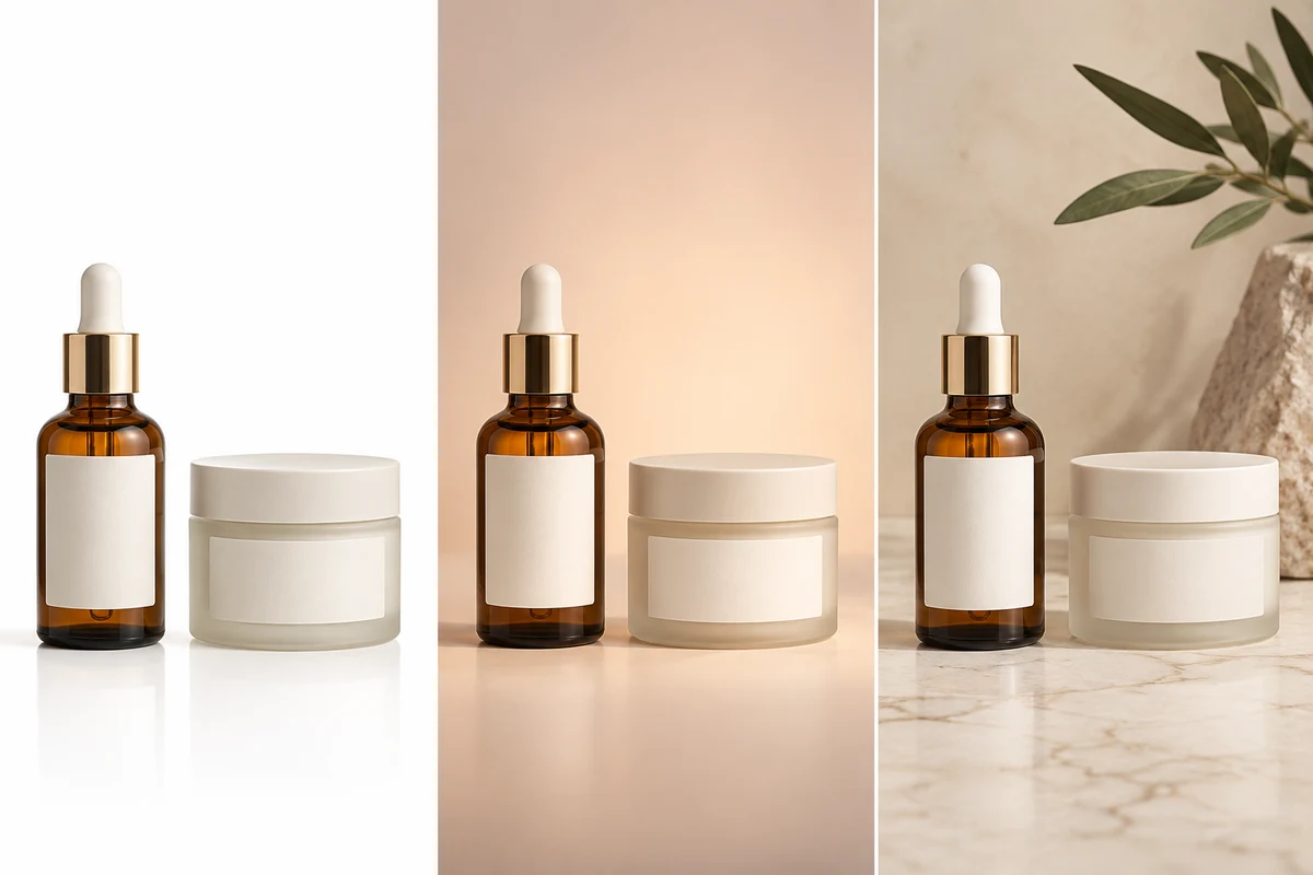 Skincare products on white, gradient and marble backgrounds.