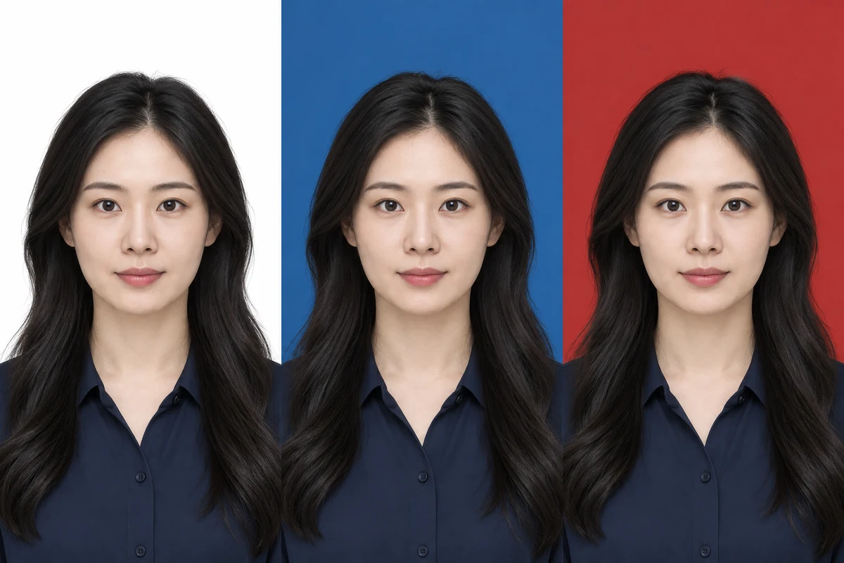 The same front-facing portrait on white, blue and red ID-photo backgrounds.
