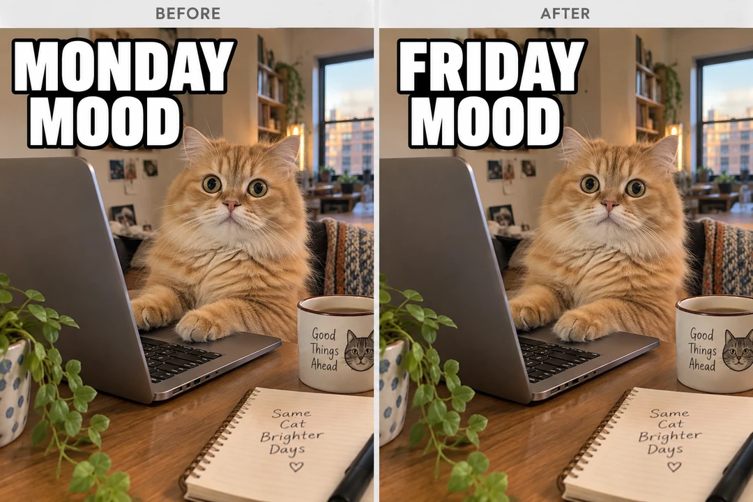 Cat meme: replace MONDAY MOOD with FRIDAY MOOD while keeping the same photograph.